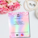 Flyer Logotipo holográfico do código qr instagram texto<br><div class="desc">Personalize e adicione o logotipo,  o nome,  o endereço,  o texto,  o seu próprio código QR à sua conta instagram. Cor-de-rosa,  roxo,  rosa,  verde-menta,  fundo holográfico decorado com faíscas falsas.</div>