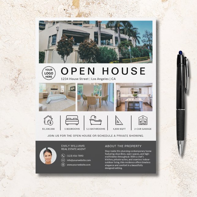 Flyer Logotipo personalizado do Open House Real Estate (Open House Real Estate Realtor Custom Logo)