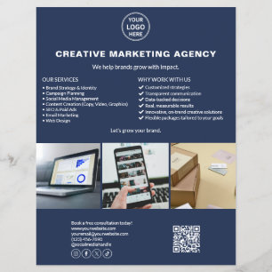 Flyer Logotipo Personalizado Foto QR Azul Marinho Market