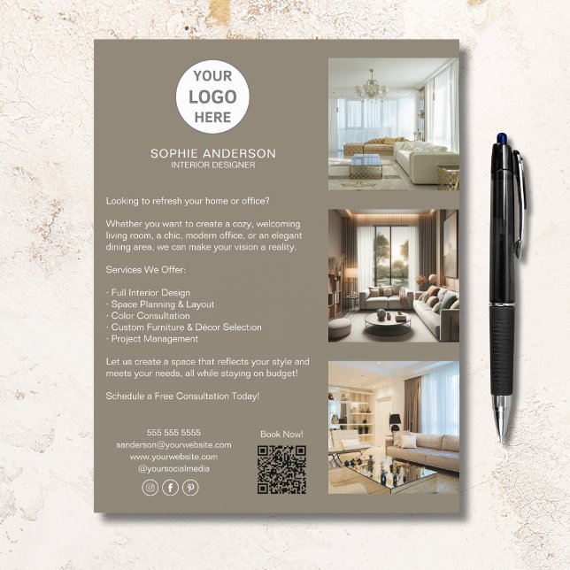 Flyer Logotipo Personalizado Moderno Bege Negócios Profi (Modern Custom Logo Taupe Professional Business Flyer)