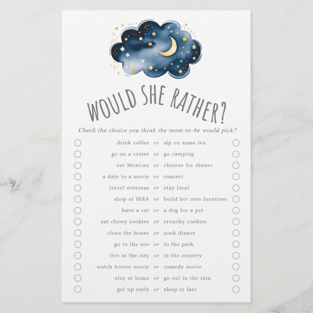 Flyer Lua e Estrelas Ela Preferencialmente Trivia Jogo (Frente)