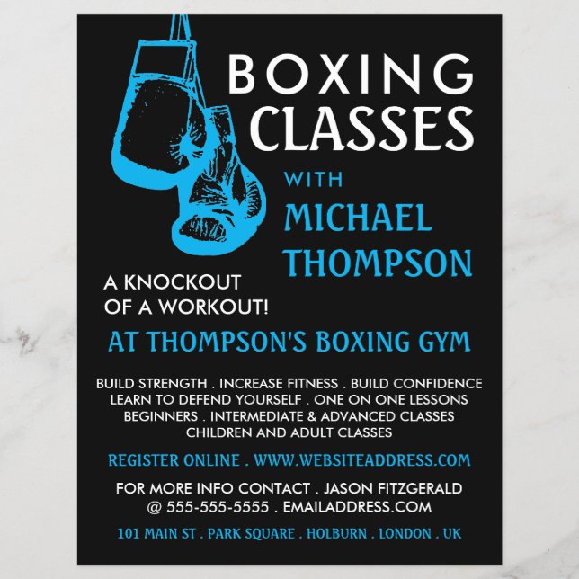 Flyer Luvas de Boxing Pretas e Azuis, Anúncio de Classe  (Frente)