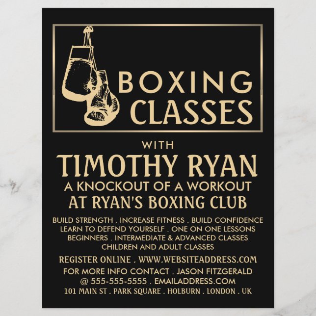 Flyer Luvas de Boxing Pretas e Douradas, Anúncio de Clas (Frente)