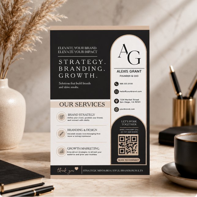 Flyer Luxo Código QR Preto Bege Lembrete de Encontro (Black Beige Luxury QR Code Appointment Reminder Flyer)