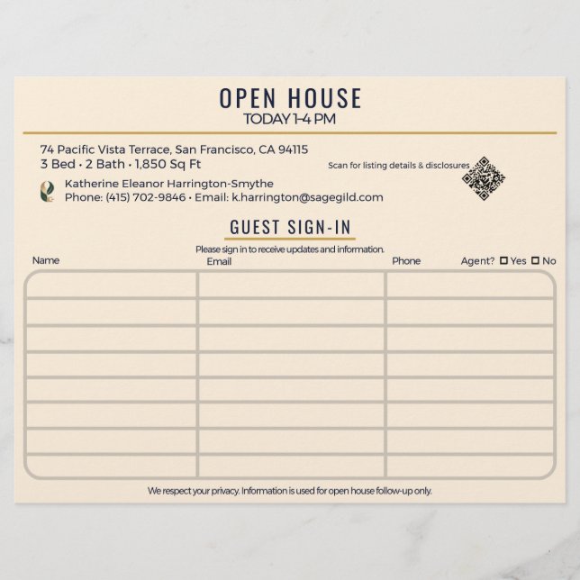 Flyer Luxury Navy & Cream Realtor Open House Sign-In (Frente)