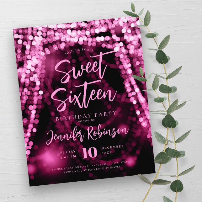 Flyer Luzes de Corda Dourada de Rosa de Orçamento Doces  (Budget Rose Gold String Lights Sweet 16 Invite Flyer)