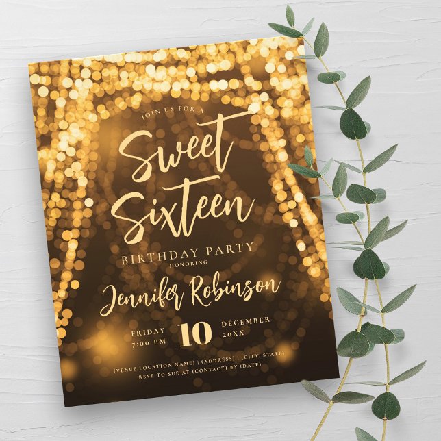 Flyer Luzes Douradas de Glam de Orçamento Luzes Doce 16  (Budget Gold Glam String Lights Sweet 16 Invite Flyer)