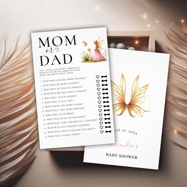 Flyer Mãe Pai Adivinha Quem Joga Fada Princesa Chá de fr (baby shower game mom dad fairy princess enchanted garden watercolor pink gold cute adorable)