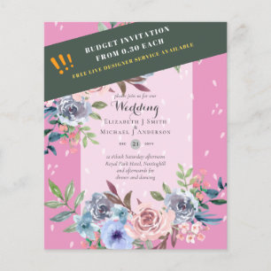 Flyer MAIS BAIXO ORÇAMENTO Flores Azuis Cor-de-Rosa Con
