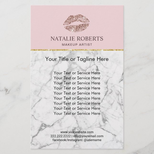 Flyer Makeup Artist Rosa Lábios Dourados Marble Salon Ro (Frente)