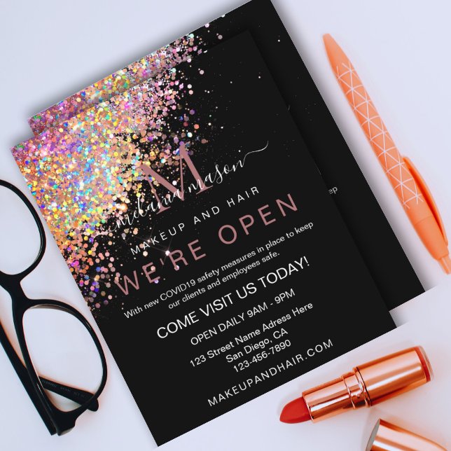 Flyer Makeup Elegant Holographic Rosa com brilho Dourado (Criador carregado)