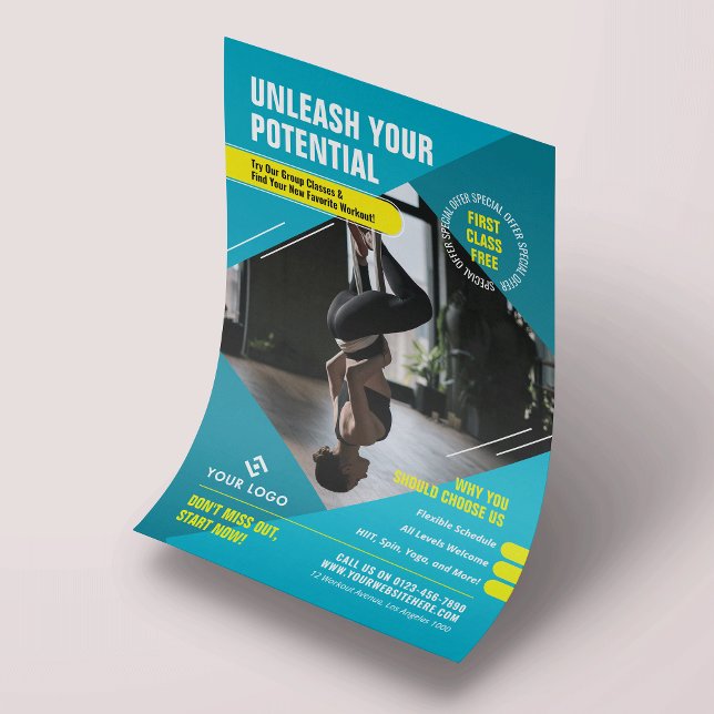 Flyer Malhações Classes Modern Photo Blue Marketing Gym (Modern blue gym flyer design with custom text, logo and photo)