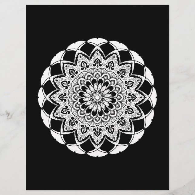 Flyer Mandala adulta preto e branco da coloração (Frente)