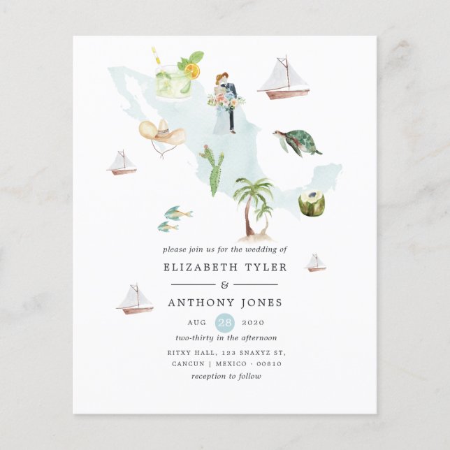 Flyer Mapa de México aquarela para casamento de destino (Frente)