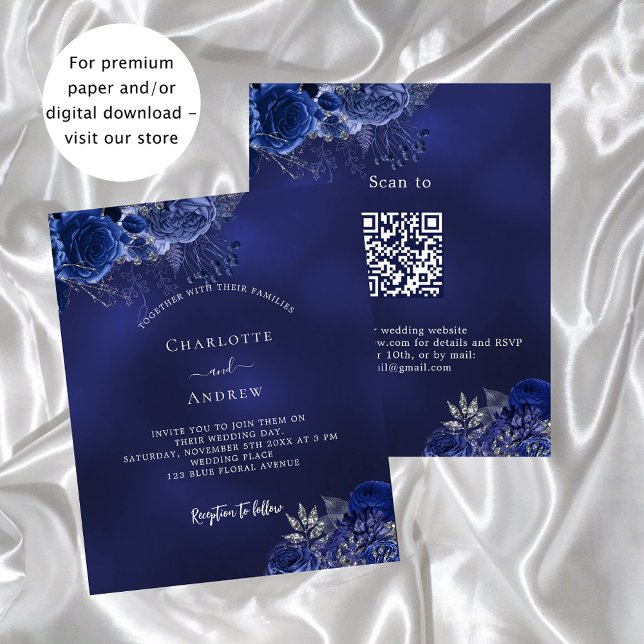 Flyer Marinho azul floral QR RSVP convite para casamento (Criador carregado)