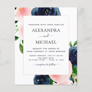 Flyer Marinho de Orçamento Casamento Floral Cor-de-Rosa 