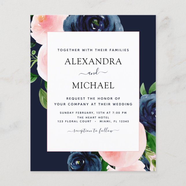 Flyer Marinho de Orçamento Casamento Floral Cor-de-Rosa  (Frente)