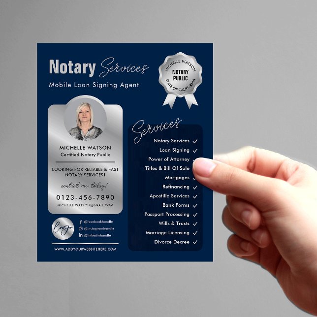 Flyer Marinho do Agente de Assinatura de Empréstimo Notá (Modern navy and silver notary loan signing agent marketing flyer with your custom photo and logo)