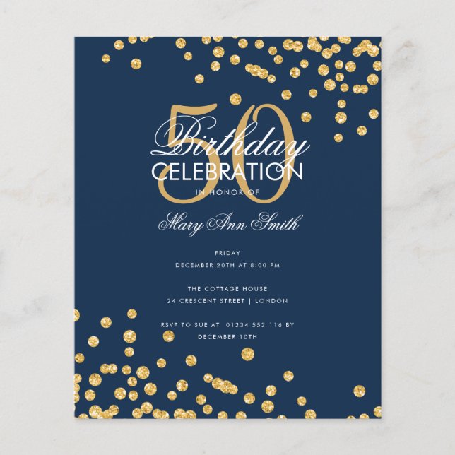Flyer Marinho Glitter Confetti Dourado de Aniversário do (Frente)