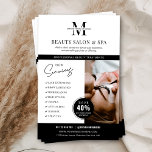 Flyer Marketing de negócios de serviços Spa Salon minima<br><div class="desc">Folheto de marketing de negócios minimalista com espaço para seu monograma ou logotipo, serviços, detalhes de contato e uma foto personalizada. Este folheto de beleza profissional ou marketing spa apresenta um design preto e branco moderno e um crachá de desconto para atrair novos clientes. Uma maneira fácil de anunciar seus...</div>