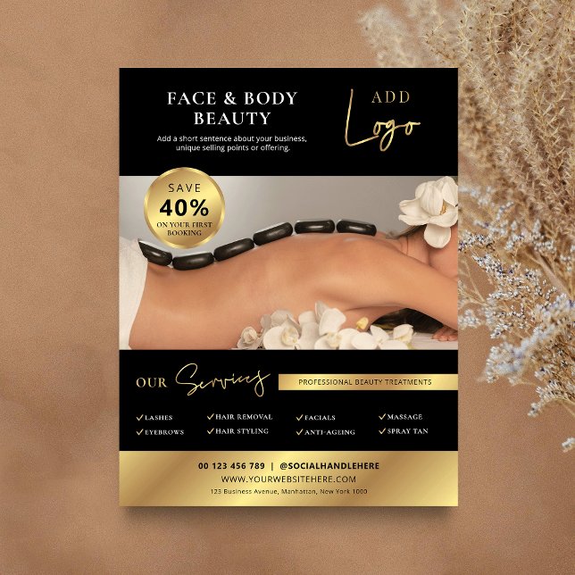 Flyer Marketing de Serviços de Spa Salon de Beleza Preta (Modern business flyer in black and gold with large photo and custom text)
