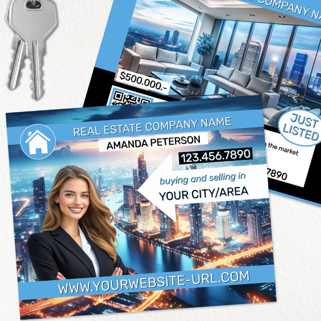 Flyer Marketing Imobiliário Profissional (Real estate marketing flyer showing your photo on an aerial or neighborhood picture + QR code + logo)