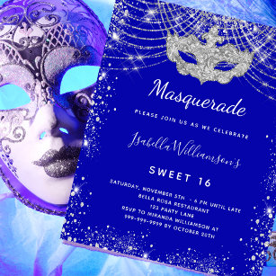 Flyer Mascarada azul real Sweet 16 convite orçamental