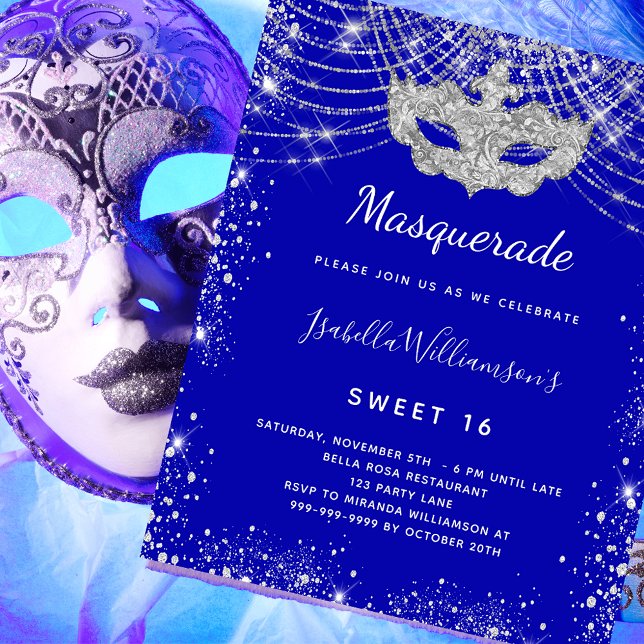 Flyer Mascarada azul real Sweet 16 convite orçamental (Criador carregado)