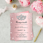 Flyer Mascarada cor-de-prata Doce 16 convite orçamental<br><div class="desc">Para um Mascarada elegante,  16,  16 anos. Um fundo rosa rosado e giro. Decorado com falso brilho prateado,  faíscas e uma máscara de mascarada. Personalize e adicione um nome,  idade e detalhes da festa. O nome é escrito com um script de estilo manuscrito</div>
