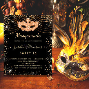 Flyer Mascarada negro de ouro Sweet 16 convite orçamenta