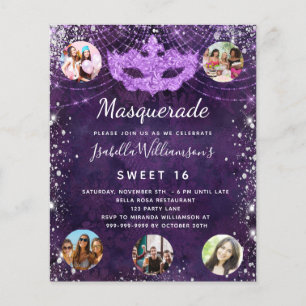 Flyer Mascarada púrpura Sweet 16 convite orçamental