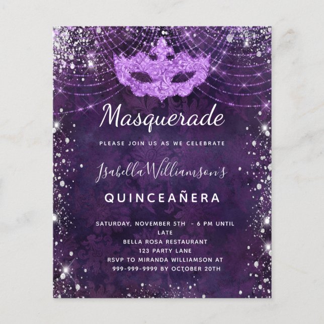 Flyer Mascarada roxo Convite orçamental Quinceanera (Frente)