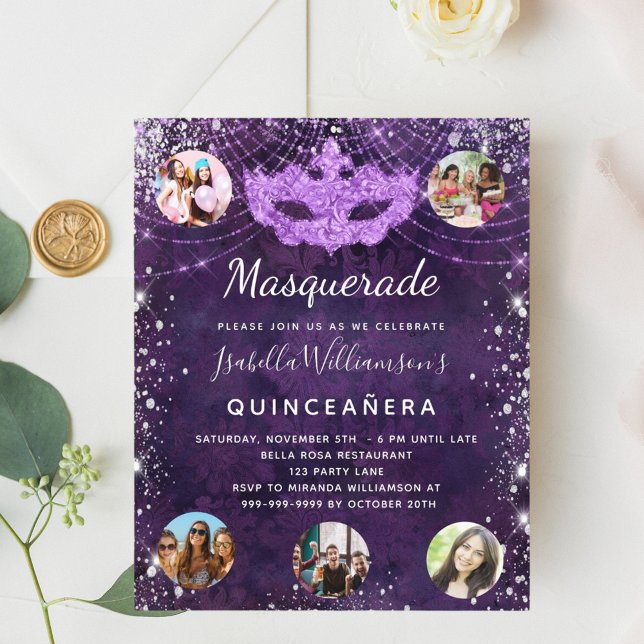 Flyer Mascarada roxo Convite orçamental Quinceanera (Criador carregado)