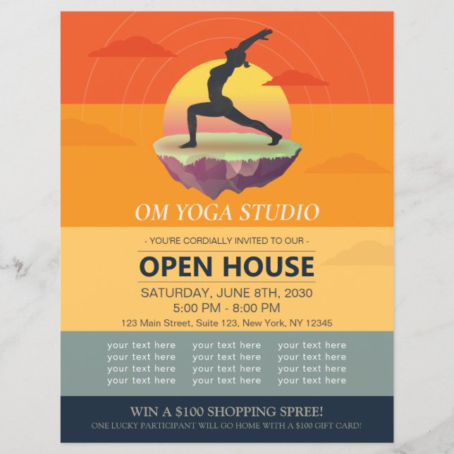 Flyer Meditação de Yoga Pose Sun Flying Island Open Hous (Frente)