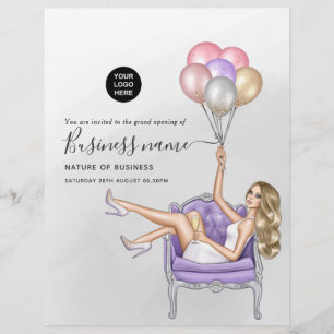 Flyer Menina da Festa de Abertura com Balões Prateados e