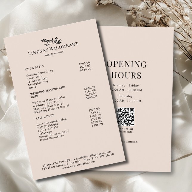 Flyer Minimal Beige Botanical Salon QR Code Price List (Minimal Beige Botanical Salon QR Code Price List Flyer)