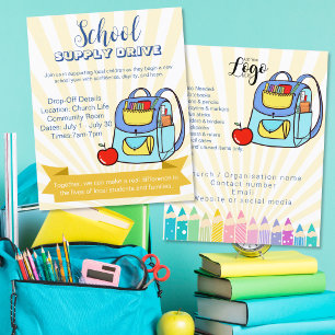 Flyer Mochila de doação da campanha de suprimentos escol