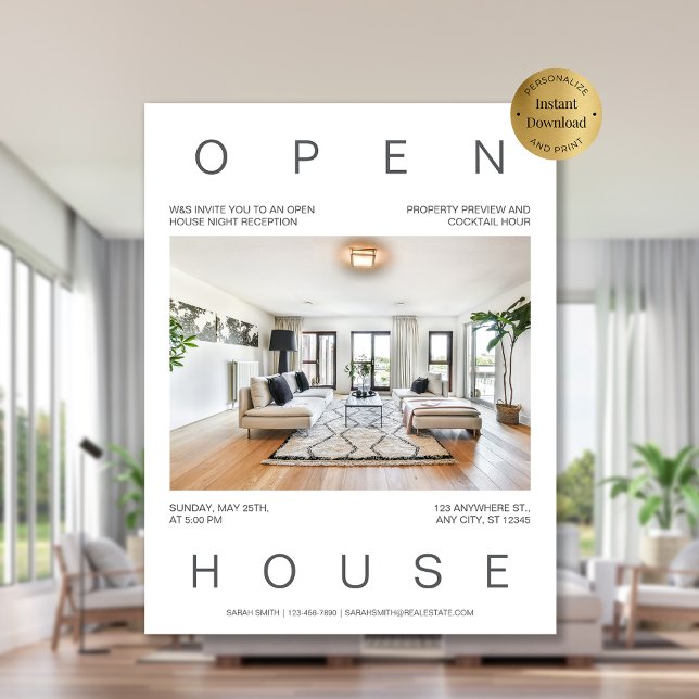 Flyer Modelo de Convite para Casa Aberta de Imóveis Mode (Modern Real Estate Open House Invitation Template Flyer)