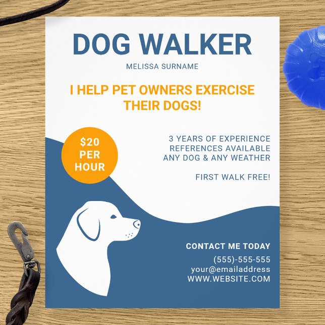 Flyer Modelo de passeador de cães azul e branco com lara (Criador carregado)