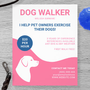 Flyer Modelo de passeador de cães rosa e branco com azul