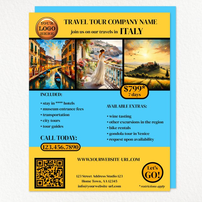 Flyer Modelo de Viagem de Fotografia de Cores Personaliz (A travel agency flyer with your logo, QR code and 3 photos)