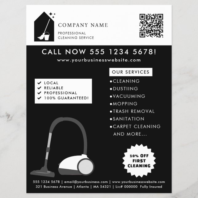 Flyer Modern Cleaning Cleaner Service Logo Black QR Code (Frente)