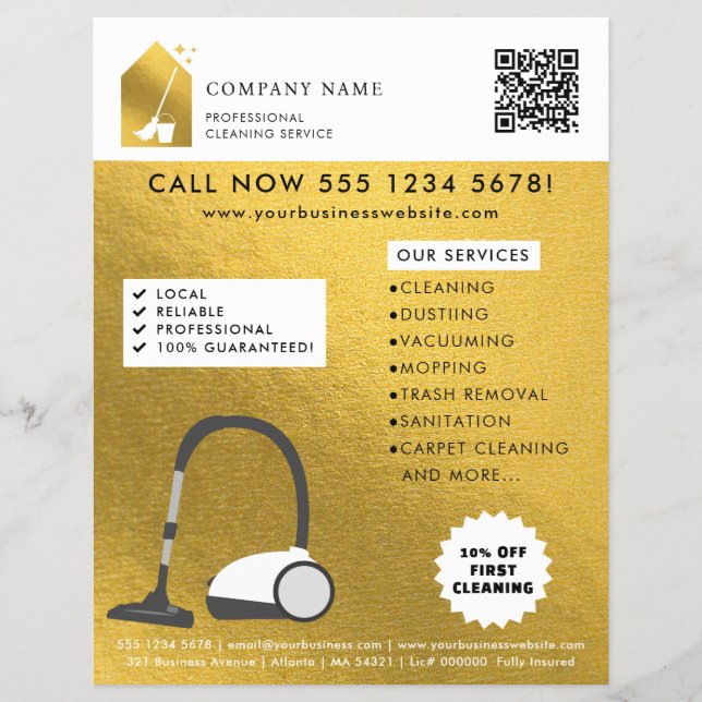 Flyer Modern Cleaning Cleaner Service Logo Gold QR Code (Frente)