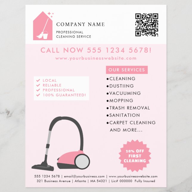 Flyer Modern Cleaning Cleaner Services Logo Pink QR Code (Frente)
