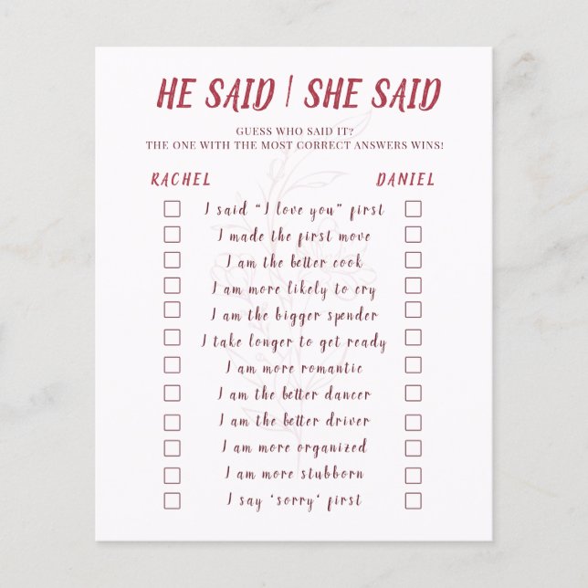Flyer Modern Floral He Said She Said Bridal Shower Game (Frente)