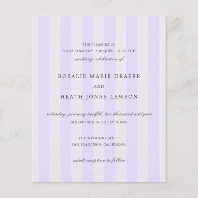 Flyer Modern Purple Stripes Budget Wedding Invite (Frente)
