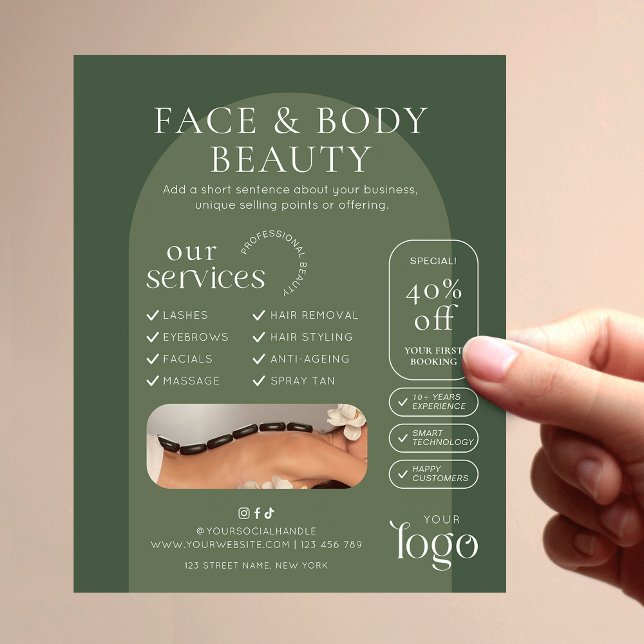 Flyer Modern Sage Green Boho Beauty Spa Salon Marketing (Trendy boho arch business marketing flyer in earthy sage green tones)