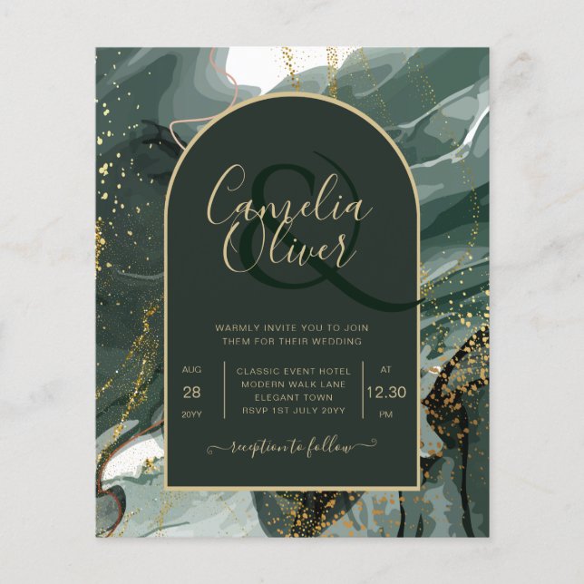 Flyer Moderno Emerald Green Dourado Agate Marble WEDDING (Frente)