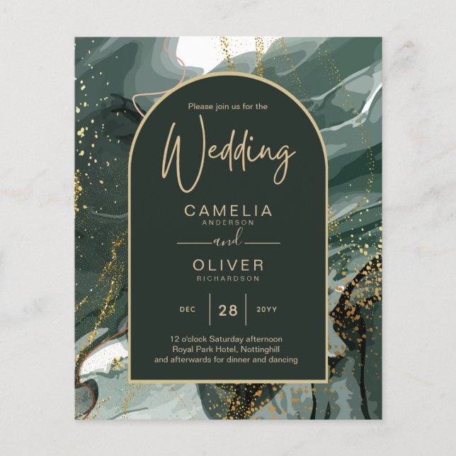 Flyer Moderno Emerald Green Dourado Agate Marble WEDDING (Frente)