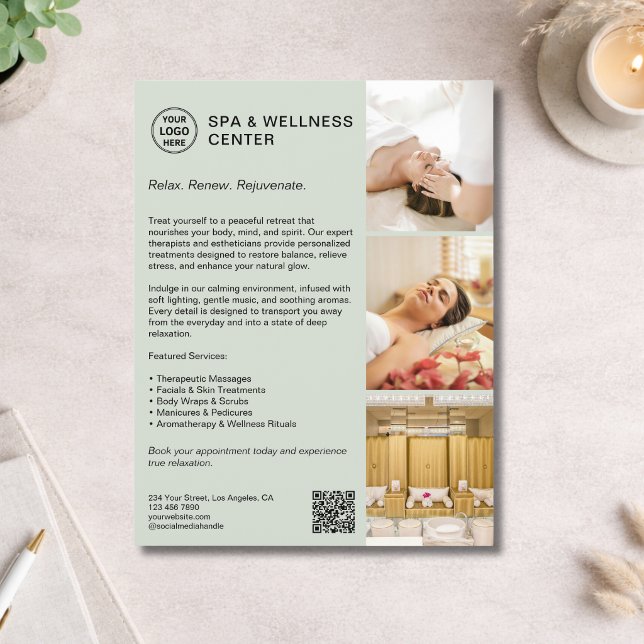 Flyer Moderno Spa Wellness Verde Salvia Promocional (Modern Spa Wellness Sage Green Promotional Flyer)